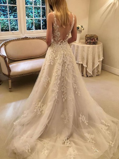 Tulle V-neck A-line Court Train Appliques Lace Wedding Dresses #UKM00023978
