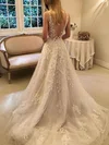 Ball Gown V-neck Tulle Court Train Wedding Dresses With Appliques Lace #UKM00023978