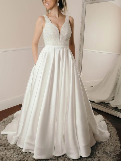 Ball Gown V-neck Satin Sweep Train Wedding Dresses With Pockets #UKM00023979