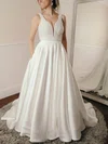 Silk-like Satin Glitter V-neck A-line Sweep Train Pockets Wedding Dresses #UKM00023979