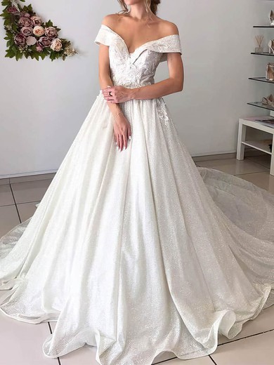 Ball Gown Off-the-shoulder Glitter Court Train Wedding Dresses With Appliques Lace #UKM00023980