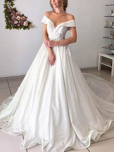 Glitter Off-the-shoulder A-line Court Train Appliques Lace Wedding Dresses #UKM00023980