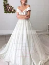 Glitter Off-the-shoulder A-line Court Train Appliques Lace Wedding Dresses #UKM00023980