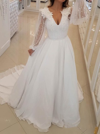 A-line V-neck Chiffon Sweep Train Wedding Dresses With Appliques Lace #UKM00023981