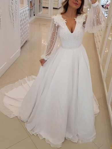 A-line V-neck Chiffon Sweep Train Wedding Dresses With Appliques Lace #UKM00023981
