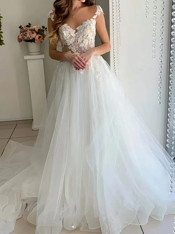 Ball Gown Illusion Tulle Sweep Train Wedding Dresses With Appliques Lace #UKM00023985