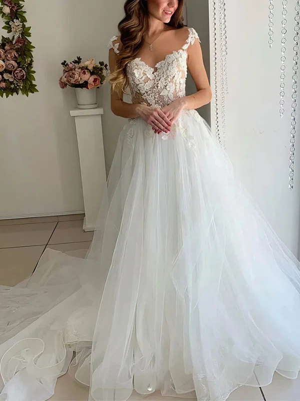Ball Gown Illusion Tulle Sweep Train Wedding Dresses With Appliques Lace #UKM00023985