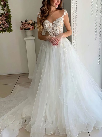 Tulle Scoop Neck A-line Sweep Train Appliques Lace Wedding Dresses #UKM00023985