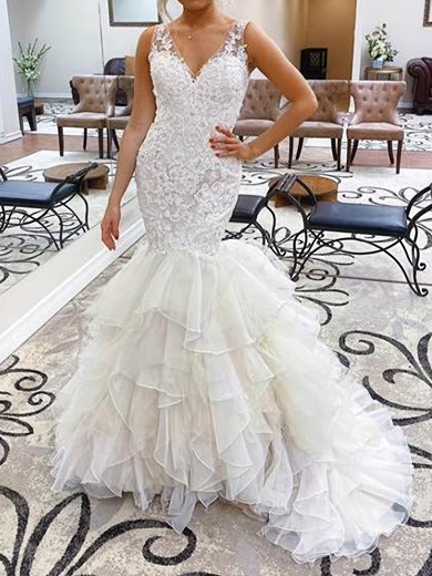 Trumpet/Mermaid V-neck Tulle Sweep Train Wedding Dresses With Tiered #UKM00023986