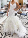 Trumpet/Mermaid V-neck Tulle Sweep Train Wedding Dresses With Tiered #UKM00023986