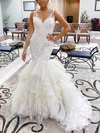 Trumpet/Mermaid V-neck Tulle Sweep Train Wedding Dresses With Tiered #UKM00023986