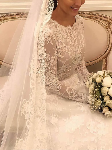 Lace Scalloped Neck A-line Court Train Bow Wedding Dresses #UKM00023987