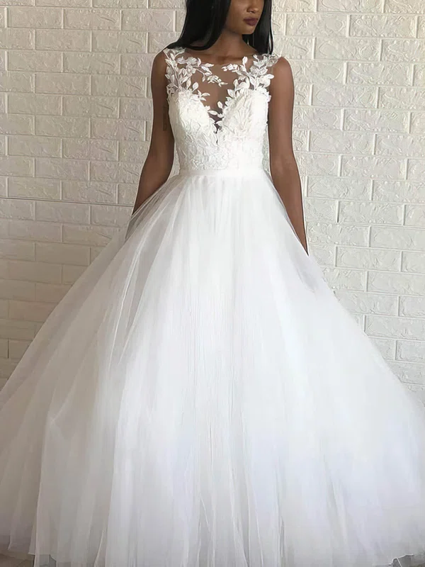 Ball Gown Illusion Tulle Sweep Train Wedding Dresses With Appliques Lace #UKM00023988