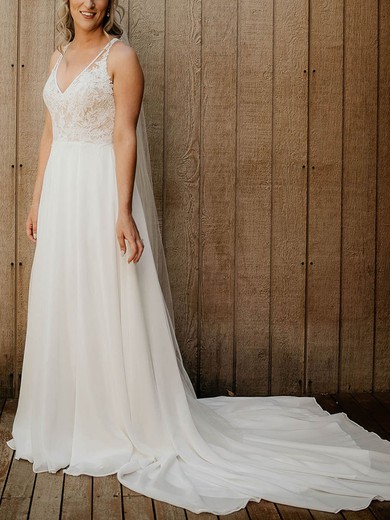 A-line V-neck Chiffon Sweep Train Wedding Dresses With Appliques Lace #UKM00023990