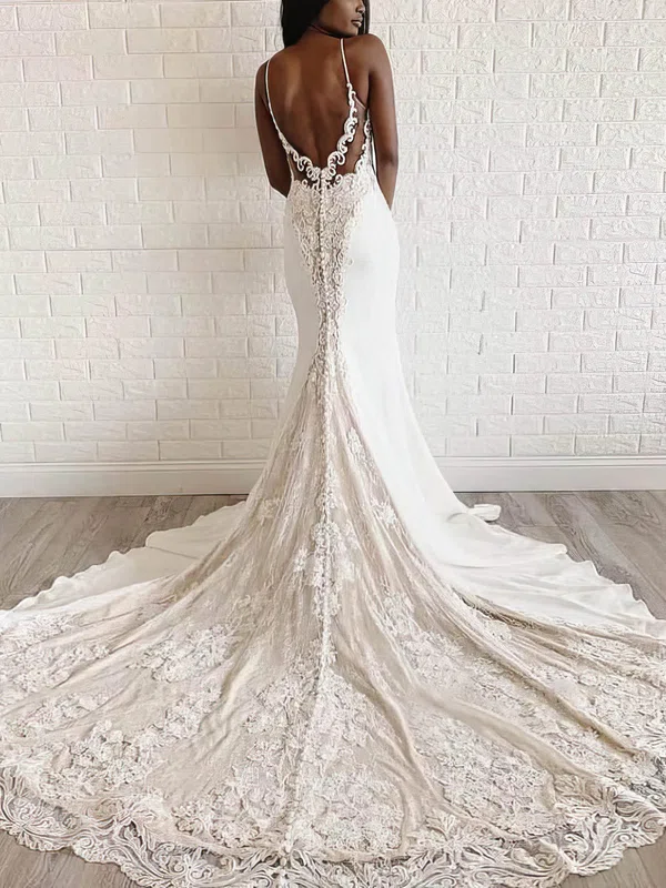 Trumpet/Mermaid Sweetheart Stretch Crepe Lace Court Train Wedding Dresses With Appliques Lace #UKM00023992