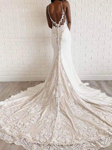 Trumpet/Mermaid Sweetheart Stretch Crepe Lace Court Train Wedding Dresses With Appliques Lace #UKM00023992