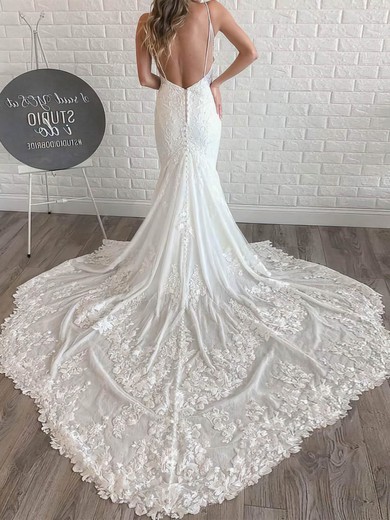 Trumpet/Mermaid V-neck Lace Court Train Wedding Dresses With Appliques Lace #UKM00023994