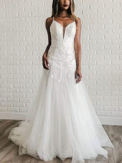 Ball Gown V-neck Tulle Sweep Train Wedding Dresses With Appliques Lace #UKM00023995