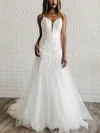 Ball Gown V-neck Tulle Sweep Train Wedding Dresses With Appliques Lace #UKM00023995