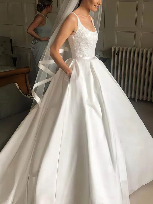 Ball Gown Square Neckline Satin Sweep Train Wedding Dresses With ...