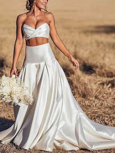 Ball Gown V-neck Satin Sweep Train Wedding Dresses #UKM00023998