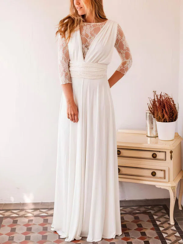 A-line Illusion Lace Chiffon Floor-length Wedding Dresses #UKM00023999
