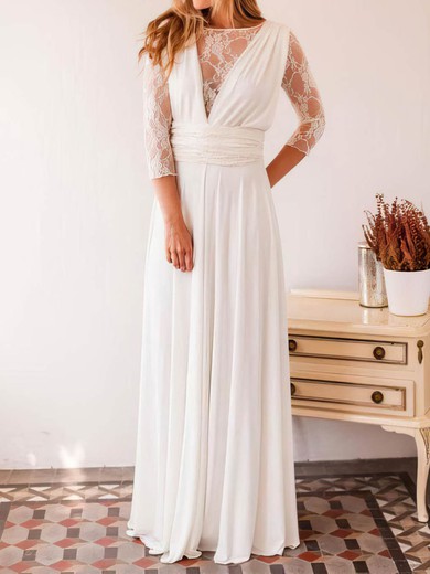 A-line Illusion Lace Chiffon Floor-length Wedding Dresses #UKM00023999