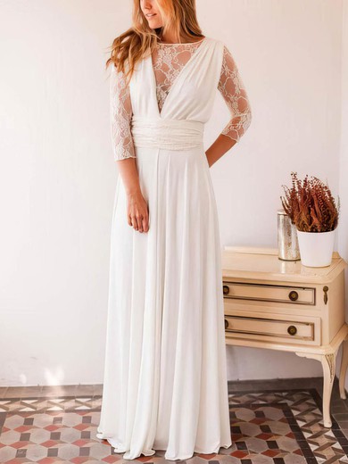 Lace Chiffon Scoop Neck A-line Floor-length Wedding Dresses #UKM00023999