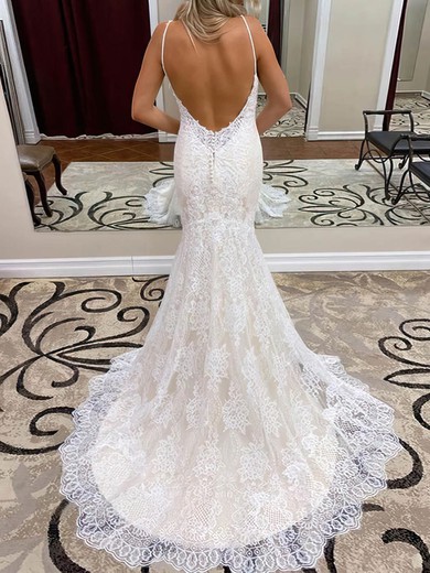 Trumpet/Mermaid V-neck Lace Sweep Train Wedding Dresses #UKM00024000