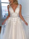 Ball Gown V-neck Tulle Sweep Train Wedding Dresses With Appliques Lace #UKM00024004