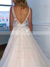Tulle V-neck A-line Sweep Train Appliques Lace Wedding Dresses #UKM00024004