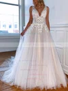 Tulle V-neck A-line Sweep Train Appliques Lace Wedding Dresses #UKM00024004