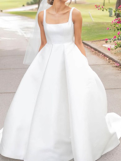 Ball Gown/Princess Square Neckline Satin Sweep Train Wedding Dresses With Pockets #UKM00024006