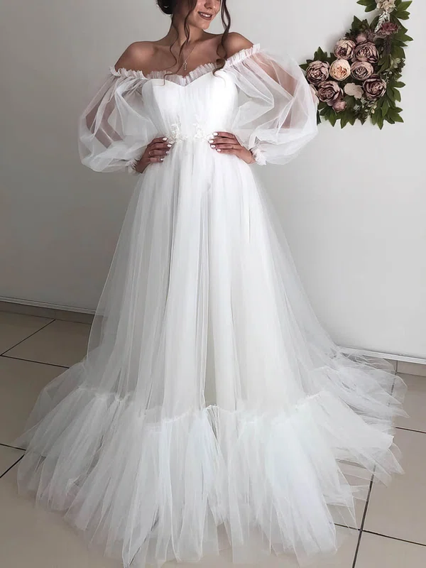 Ball Gown Off-the-shoulder Tulle Court Train Wedding Dresses With Ruffles #UKM00024007
