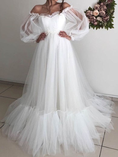 Ball Gown Off-the-shoulder Tulle Court Train Wedding Dresses With Ruffles #UKM00024007