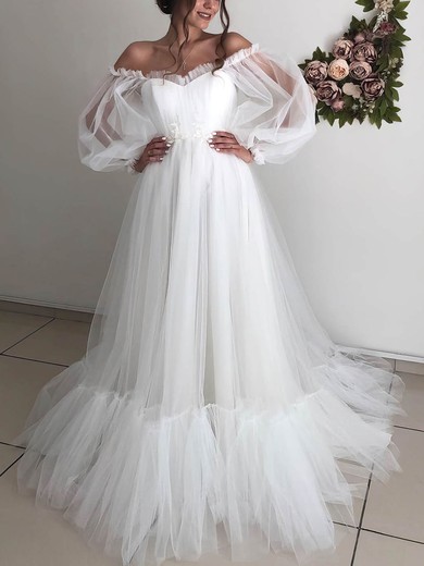 Tulle Off-the-shoulder Ball Gown Court Train Wedding Dresses #UKM00024007