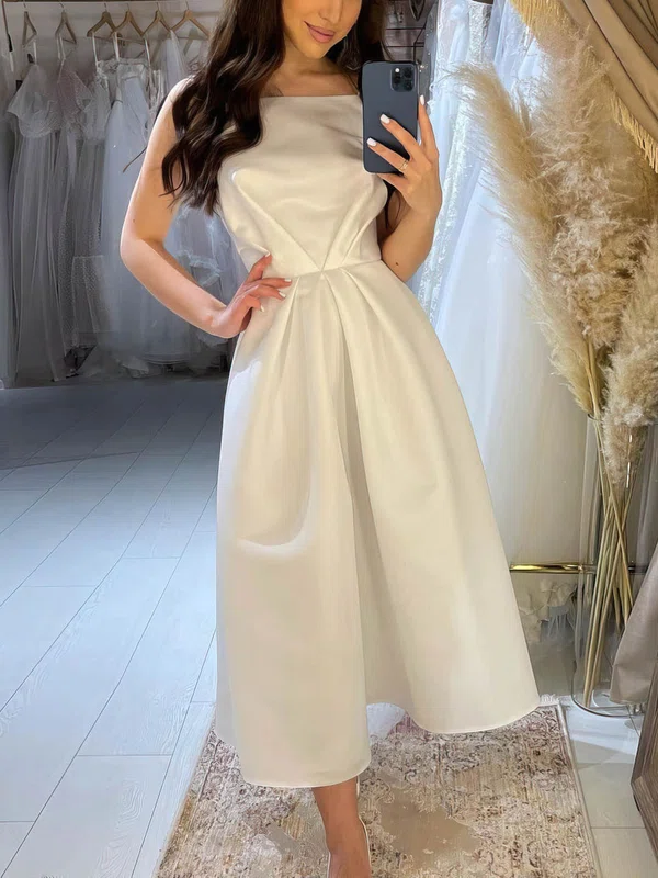 Satin Square Neckline A-line Tea-length Wedding Dresses #UKM00024010