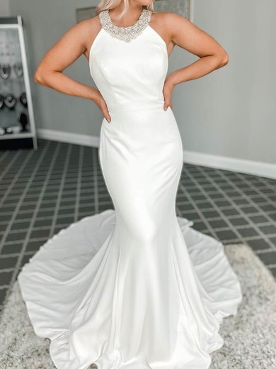 Trumpet/Mermaid Halter Stretch Crepe Court Train Wedding Dresses With Beading #UKM00024014