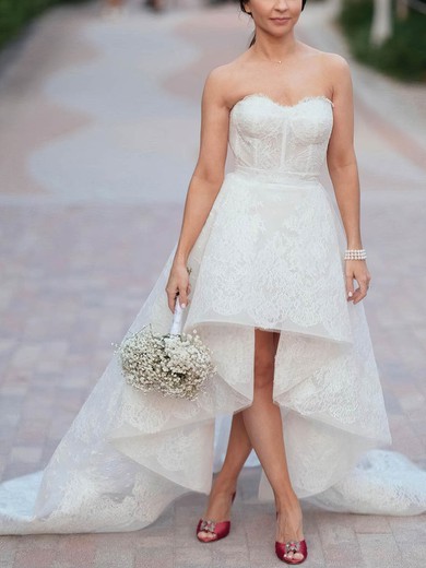 A-line Sweetheart Lace Asymmetrical Wedding Dresses #UKM00024018