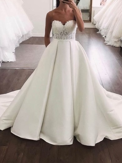 Ball Gown/Princess Sweetheart Satin Court Train Wedding Dresses With Appliques Lace #UKM00024019