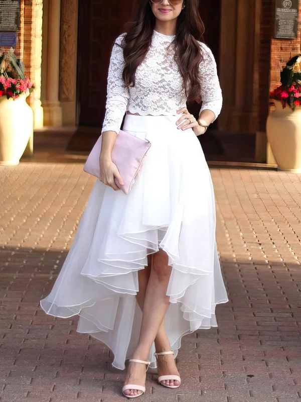 A-line Illusion Lace Tulle Asymmetrical Wedding Dresses #UKM00024020