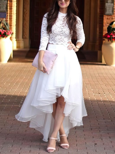 Lace Tulle Scoop Neck A-line Asymmetrical Wedding Dresses #UKM00024020