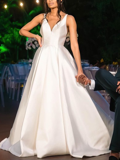Satin V-neck A-line Court Train Appliques Lace Wedding Dresses #UKM00024021