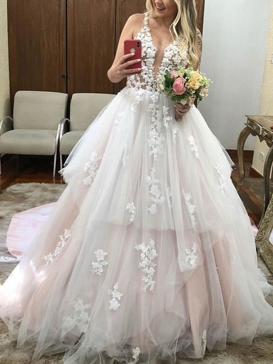 Ball Gown V-neck Tulle Sweep Train Wedding Dresses With Tiered #UKM00024025