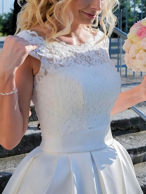 Satin Lace Scalloped Neck A-line Floor-length Wedding Dresses #UKM00024029