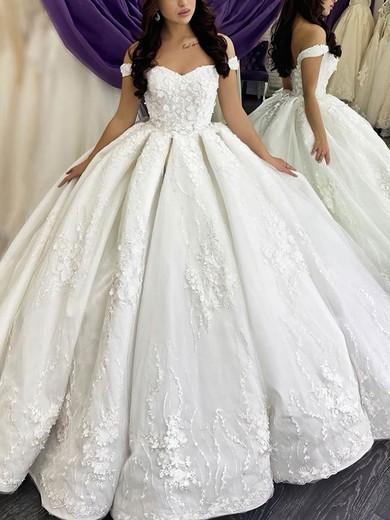 Ball Gown Off-the-shoulder Satin Court Train Wedding Dresses With Appliques Lace #UKM00024038