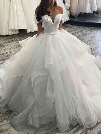 Satin Tulle Off-the-shoulder Ball Gown Court Train Sashes / Ribbons Wedding Dresses #UKM00024040
