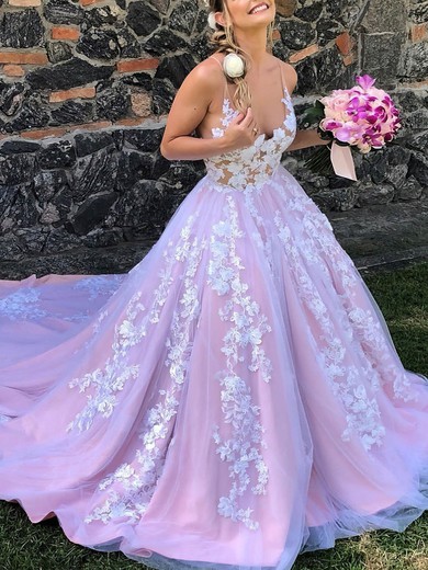 Tulle V-neck A-line Court Train Appliques Lace Wedding Dresses #UKM00024043