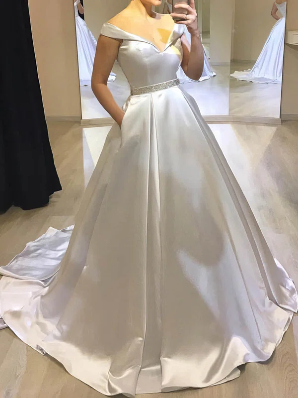 Ball Gown Off-the-shoulder Satin Sweep Train Wedding Dresses With Beading #UKM00024047