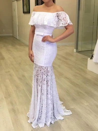 Trumpet/Mermaid Off-the-shoulder Lace Sweep Train Wedding Dresses With Sashes / Ribbons #UKM00024049